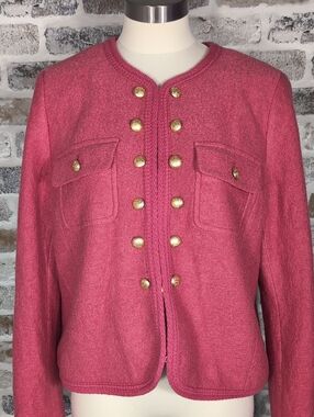 Talbots Pink/Coral Wool Blend Gold-Button Collarless Jacket, Sz.14.
